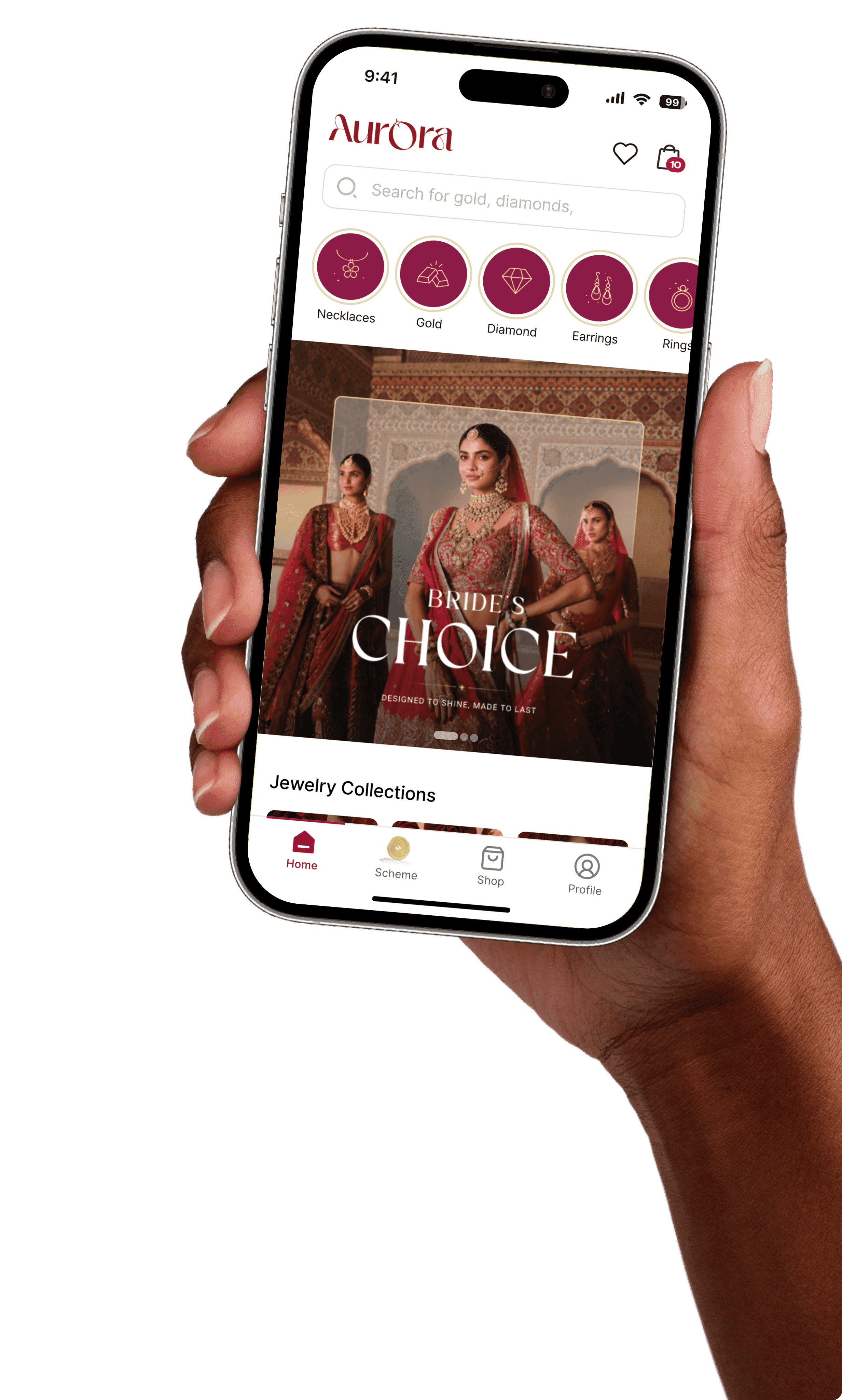 Aurora jewelry app shown on a phone